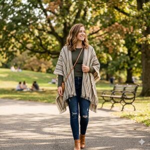 NWT Fantasia Boho Confetti Knit Poncho Wrap Black & Ivory Chevron Stripe OS